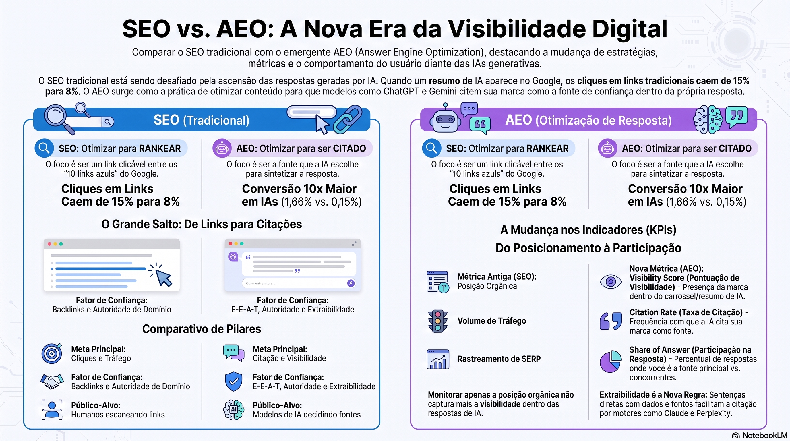Infográfico comparando SEO e AEO: o SEO otimiza para ranquear como um link clicável, enquanto a AEO otimiza para ser citada dentro de uma resposta de IA