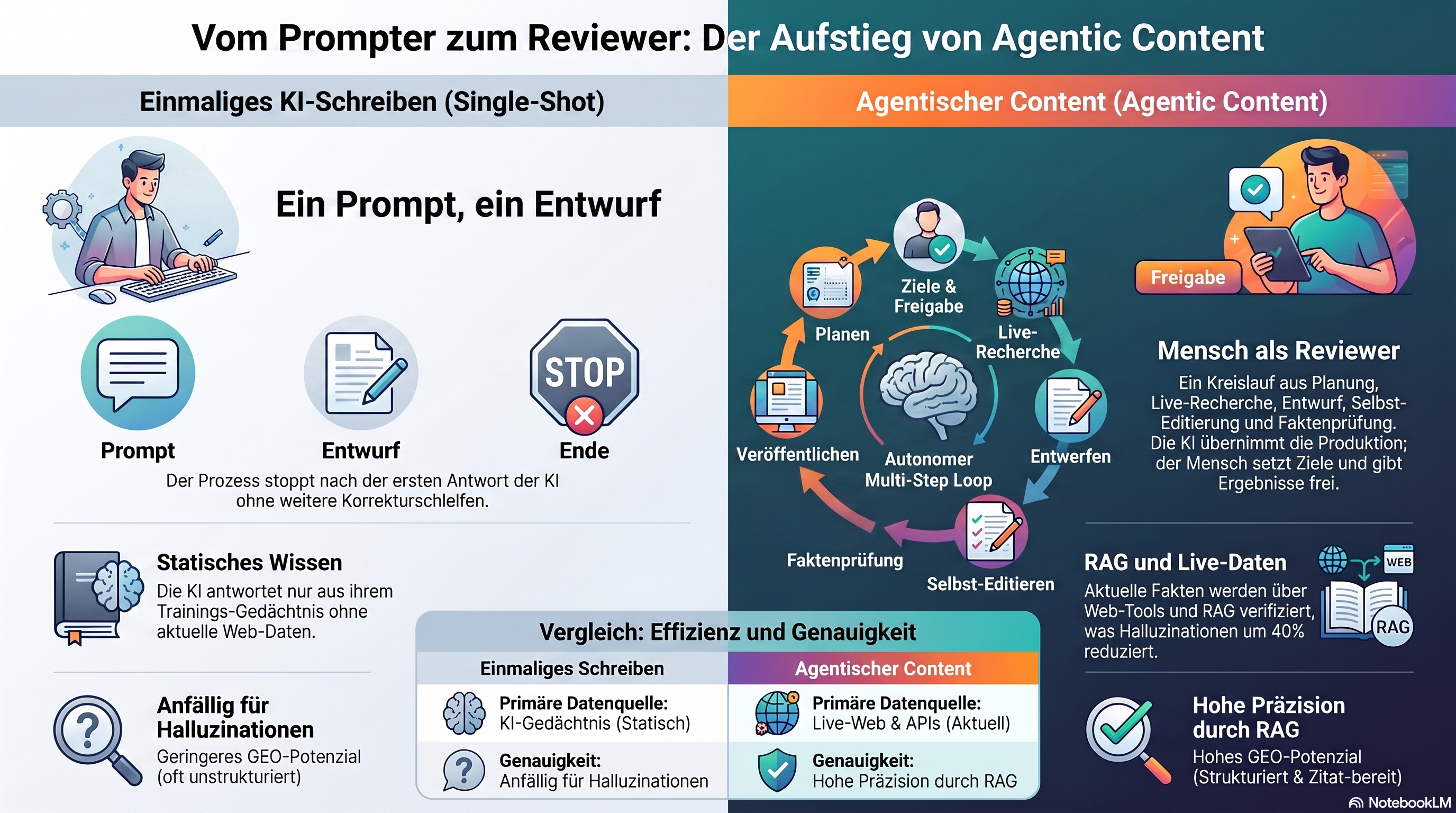 Infografik, die das Schreiben mit einem einzigen KI-Prompt einem mehrstufigen agentischen Content-Workflow gegenüberstellt: der klassische Weg nutzt einen Prompt mit dem Menschen als Autor, während die agentische Pipeline Recherche und Planung, automatisiertes Schreiben und Faktenprüfung sowie anschließend menschliche Prüfung und mehrsprachige Veröffentlichung durchläuft und die Rolle des Menschen vom Autor zum Redakteur und Prüfer verschiebt