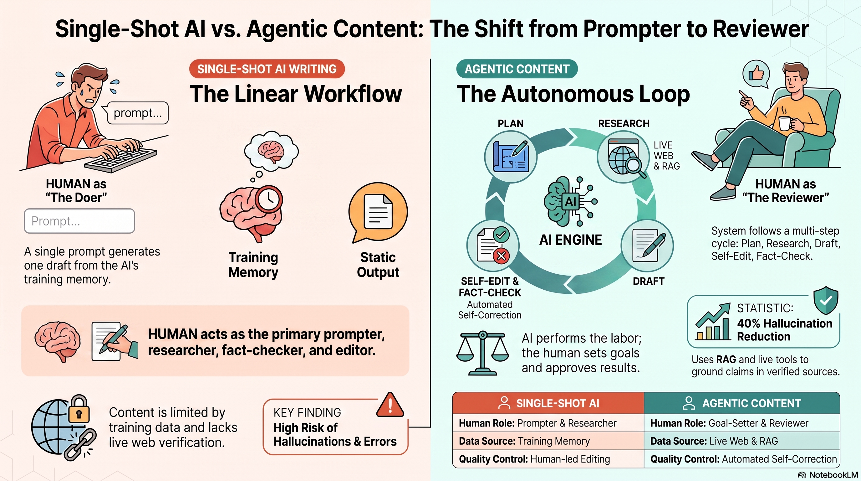 Infographic comparing single-prompt AI writing with a multi-step agentic content workflow: the traditional path is one prompt with the human as writer, while the agentic pipeline runs research and planning, automated drafting and fact-checking, then human review and multilingual publishing, shifting the human role from writer to editor and reviewer