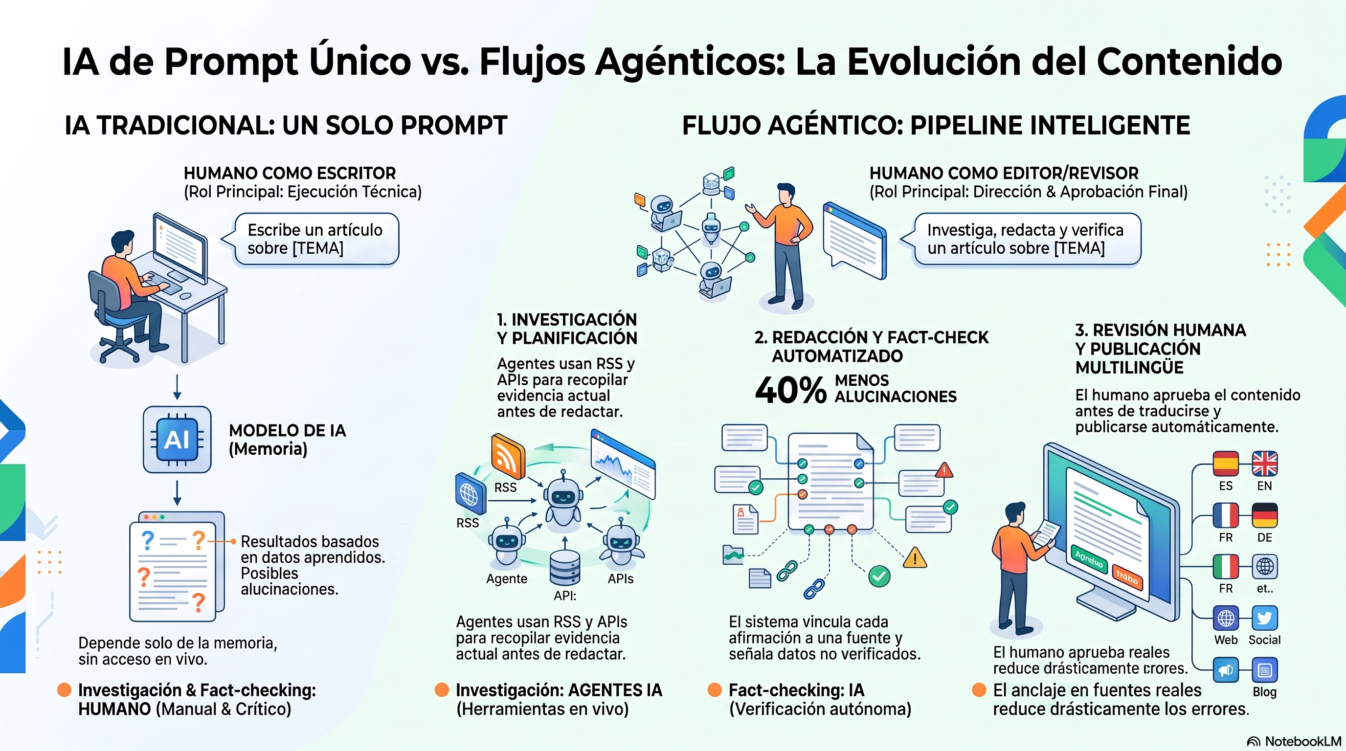 Infografía que compara la escritura con IA de un solo prompt frente a un flujo de contenido agéntico de varios pasos: el camino tradicional usa un prompt con el humano como escritor, mientras que el pipeline agéntico ejecuta investigación y planificación, redacción y verificación automatizadas, y luego revisión humana y publicación multilingüe, cambiando el papel del humano de escritor a editor y revisor