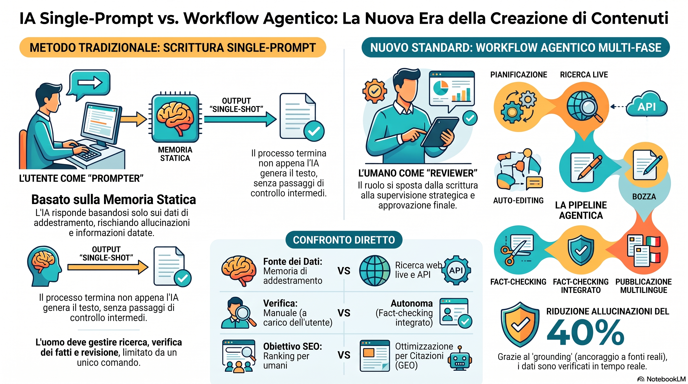 Infografica che confronta la scrittura con IA a prompt singolo con un flusso di contenuto agentico a più passaggi: la via tradizionale usa un prompt con l'umano come scrittore, mentre la pipeline agentica esegue ricerca e pianificazione, redazione e verifica automatizzate e poi revisione umana e pubblicazione multilingue, spostando il ruolo dell'umano da scrittore a editor e revisore