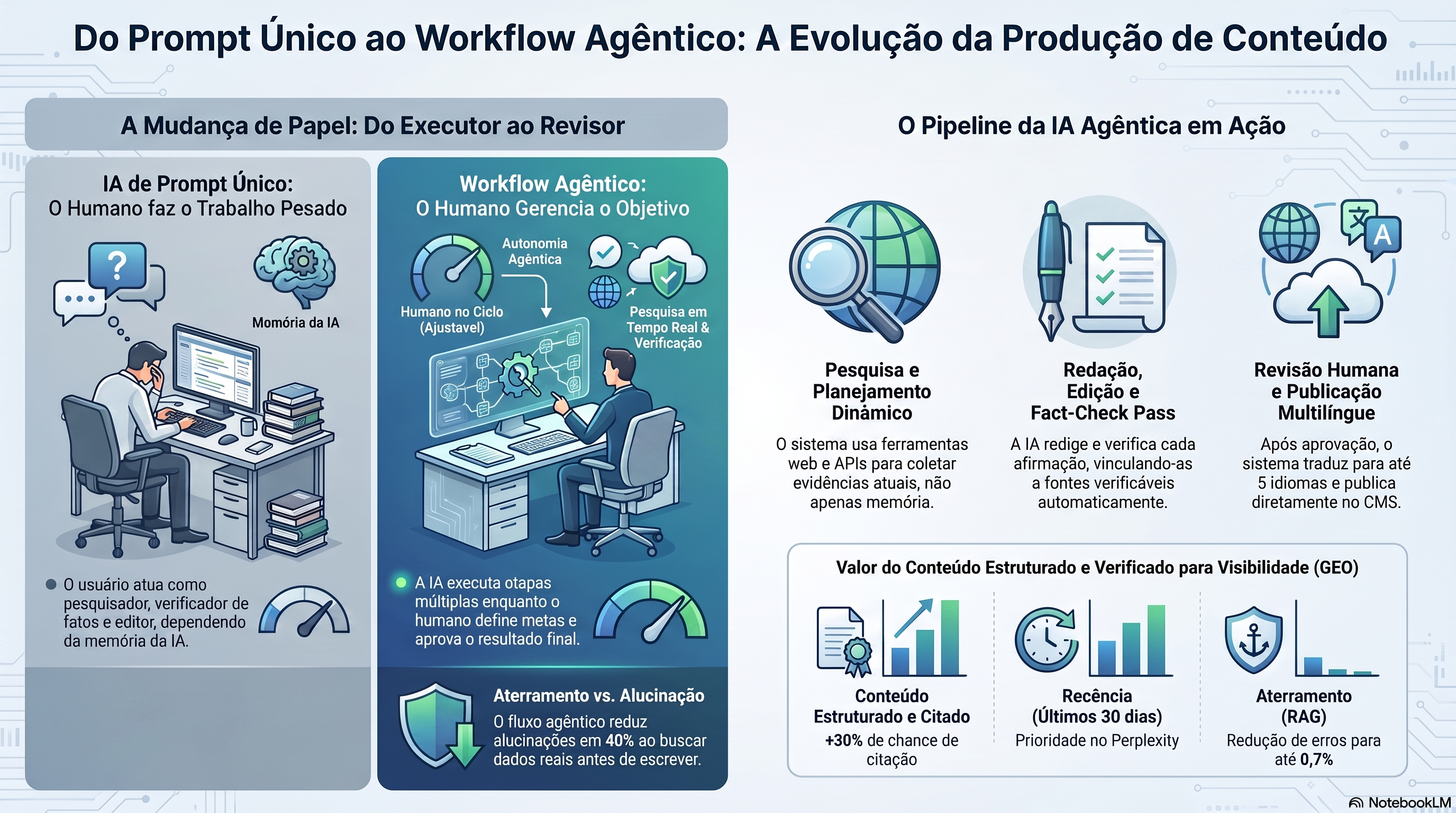 Infográfico que compara a escrita com IA de prompt único com um fluxo de conteúdo agêntico de várias etapas: o caminho tradicional usa um prompt com o humano como escritor, enquanto o pipeline agêntico executa pesquisa e planejamento, redação e verificação automatizadas e depois revisão humana e publicação multilíngue, mudando o papel do humano de escritor para editor e revisor