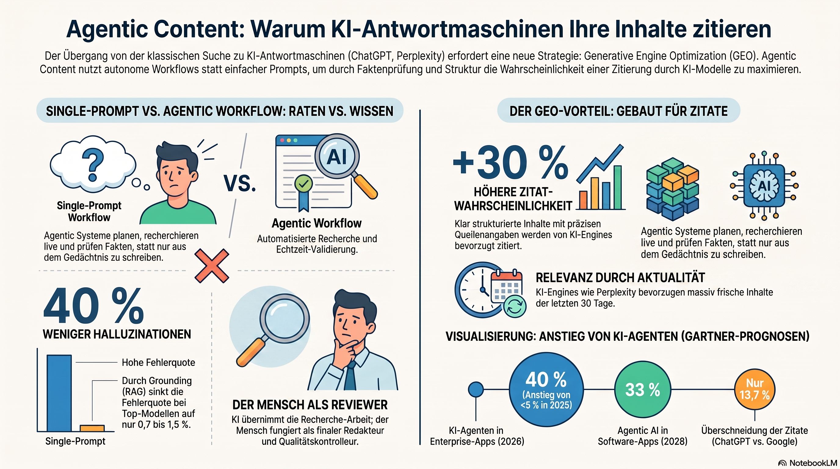 Infografik, die erklärt, warum agentischer Content von KI-Antwortmaschinen wie ChatGPT und Perplexity zitiert wird: fundierter, faktengeprüfter und gut strukturierter Content gewinnt Zitate, die Nutzung agentischer Workflows steigt, und dieser Ansatz schlägt die Ausgabe eines einzelnen Prompts bei der KI-Sichtbarkeit