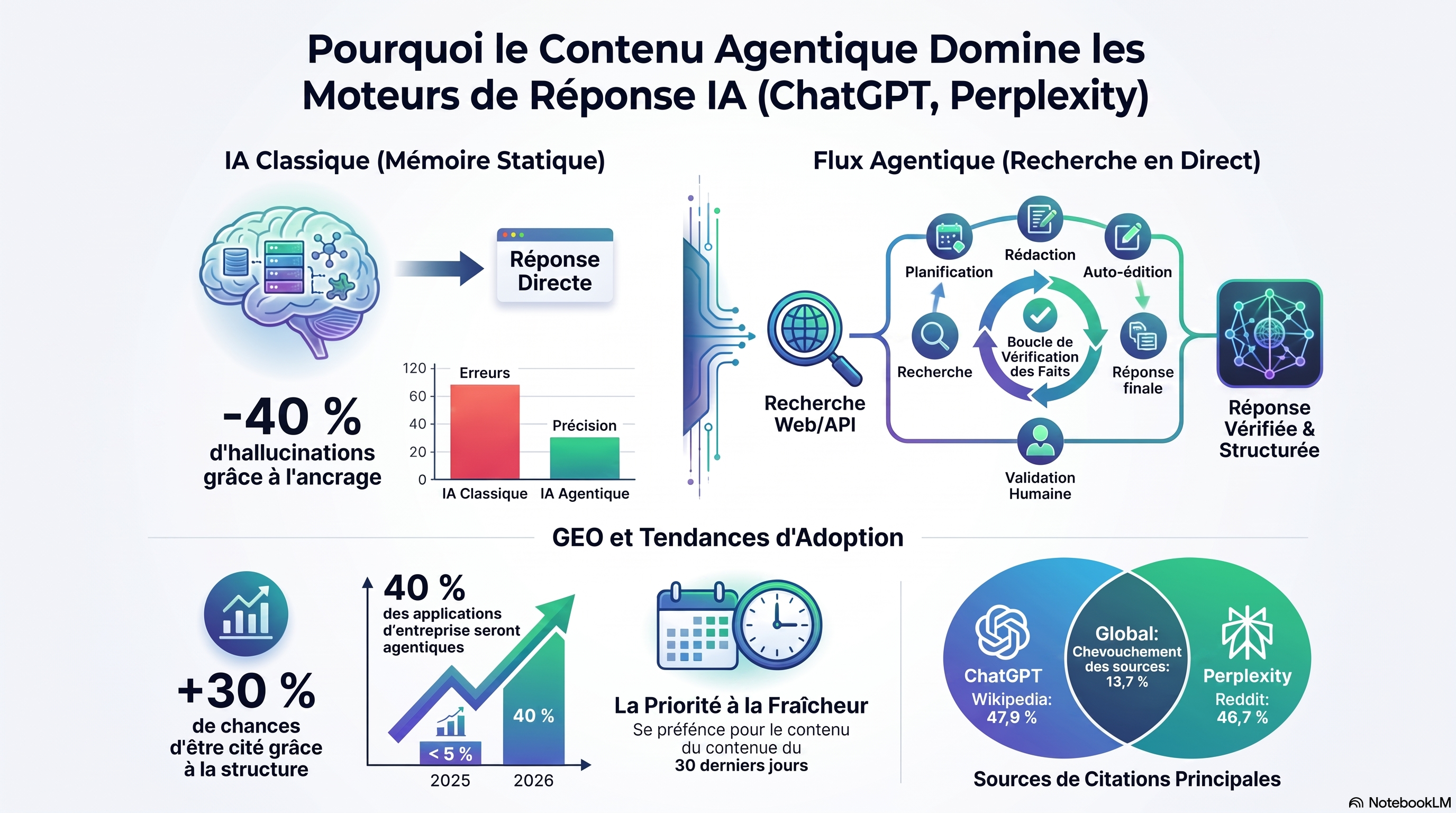 Infographie expliquant pourquoi le contenu agentique se fait citer par les moteurs de réponse IA comme ChatGPT et Perplexity : un contenu fondé, vérifié et bien structuré gagne des citations, l'adoption des flux agentiques progresse, et cette approche surpasse la sortie en un seul prompt pour la visibilité auprès de l'IA