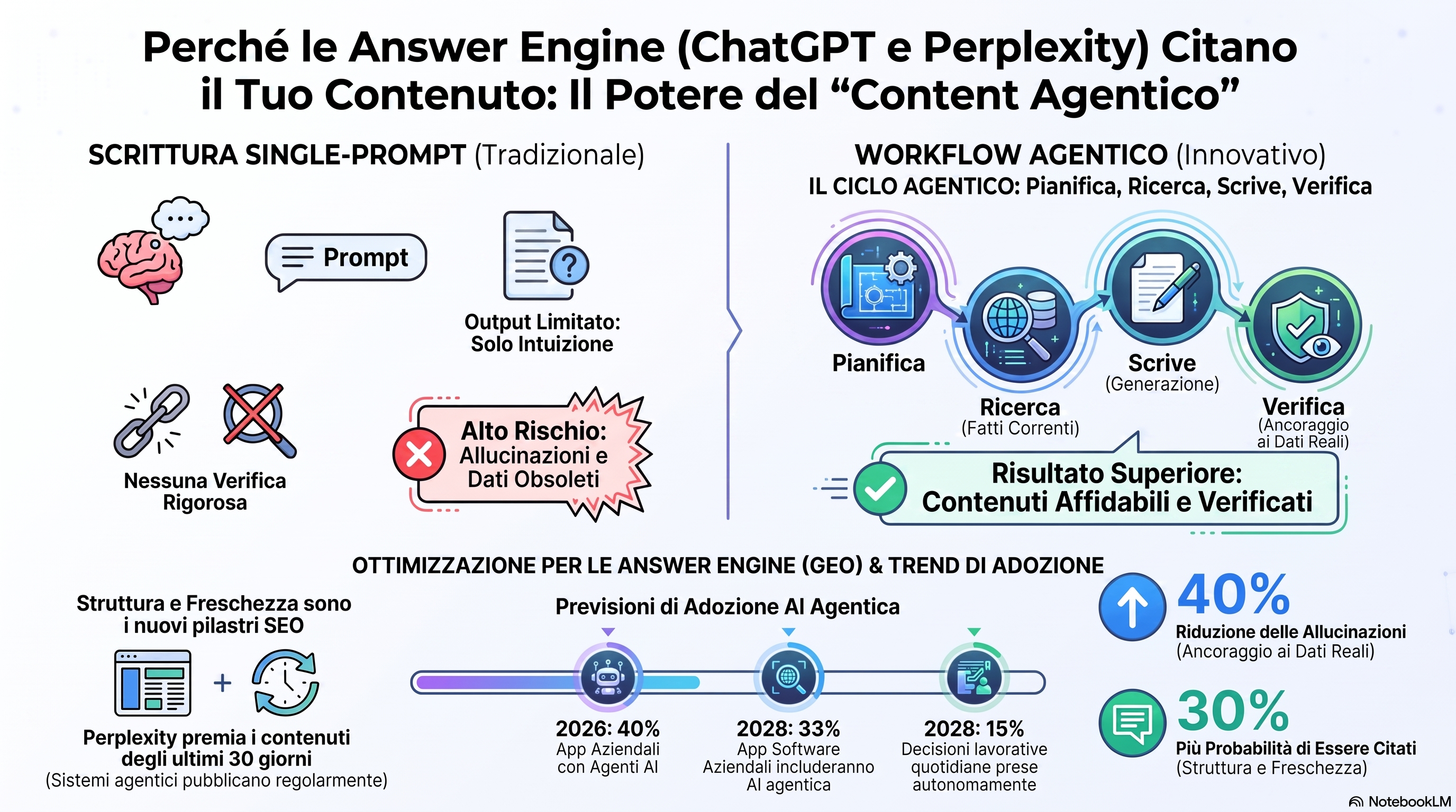 Infografica che spiega perché il contenuto agentico viene citato dai motori di risposta IA come ChatGPT e Perplexity: un contenuto fondato, verificato e ben strutturato guadagna citazioni, l'adozione dei flussi agentici è in crescita e questo approccio supera l'output a prompt singolo nella visibilità per l'IA