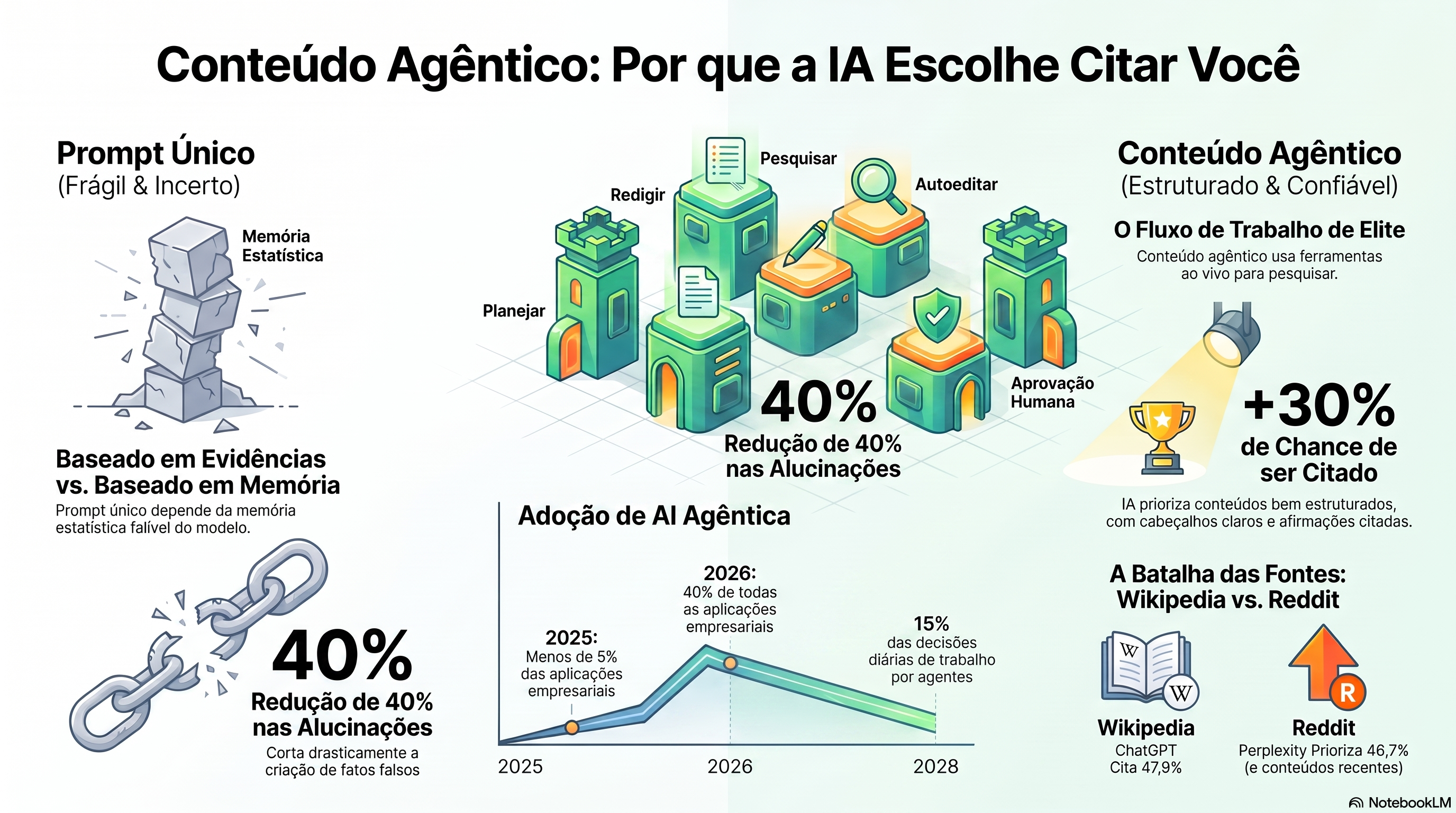 Infográfico que explica por que o conteúdo agêntico é citado por motores de resposta de IA como ChatGPT e Perplexity: conteúdo fundamentado, verificado e bem estruturado ganha citações, a adoção de fluxos agênticos está crescendo, e essa abordagem supera a saída de prompt único em visibilidade para a IA