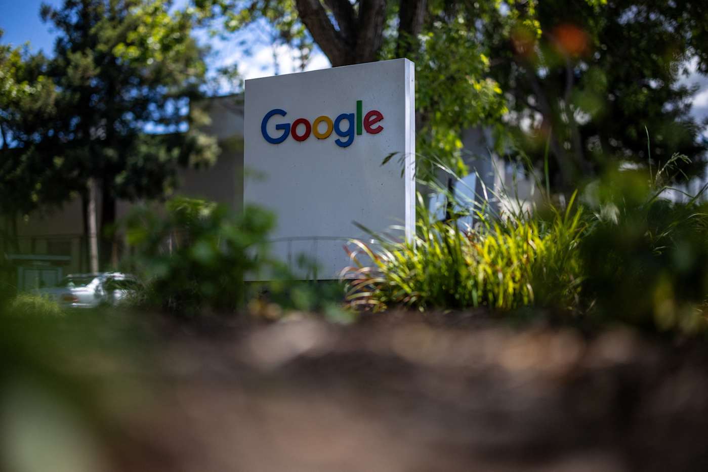 Google Campus Sign in Garden Setting