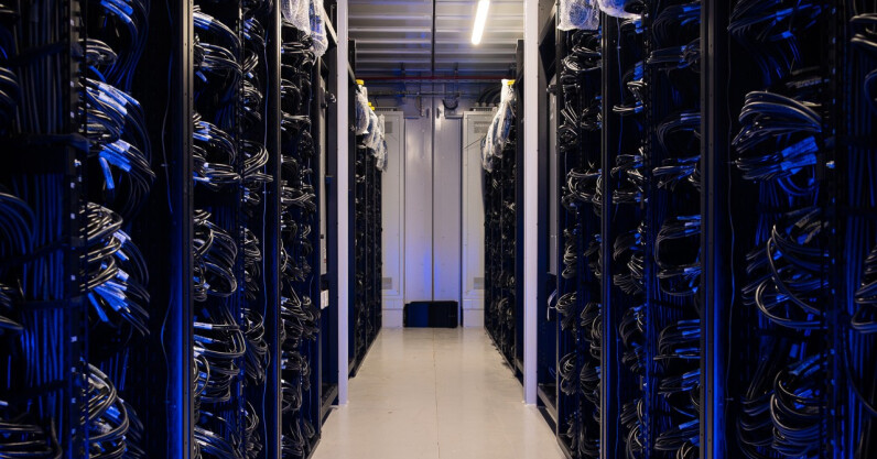 Data Center Server Room with Blue Ambient Lighting