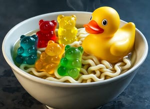 Whimsical Ramen with Gummy Bears and Rubber Duck