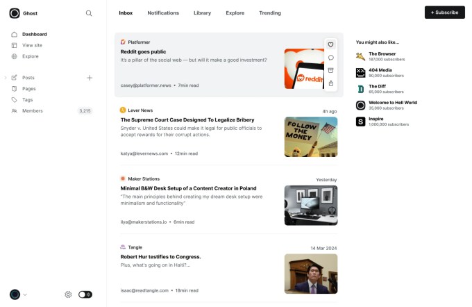 Content image from Substack rival Ghost connects to the open social web with its latest public release
