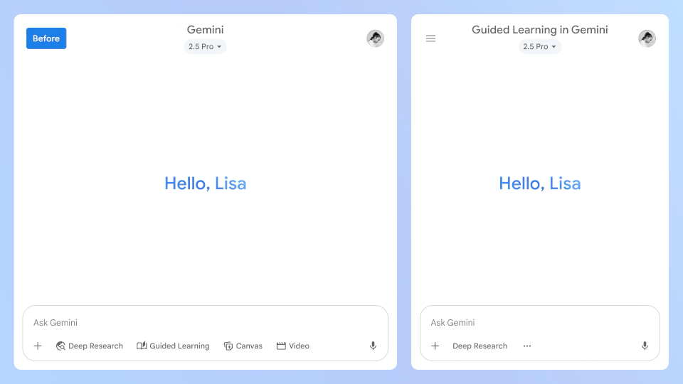 A animation showing how Guided Learning responds to questions in Gemini.