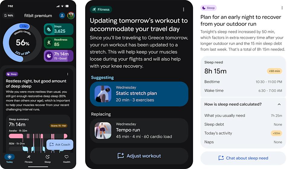 Three screenshots showing the new redesigned Fitbit app, with the first showing the new home screen in dark mode, the middle showing a Fitness-specific card in dark mode and the rightmost shows a card offering suggestions around Sleep and activity.