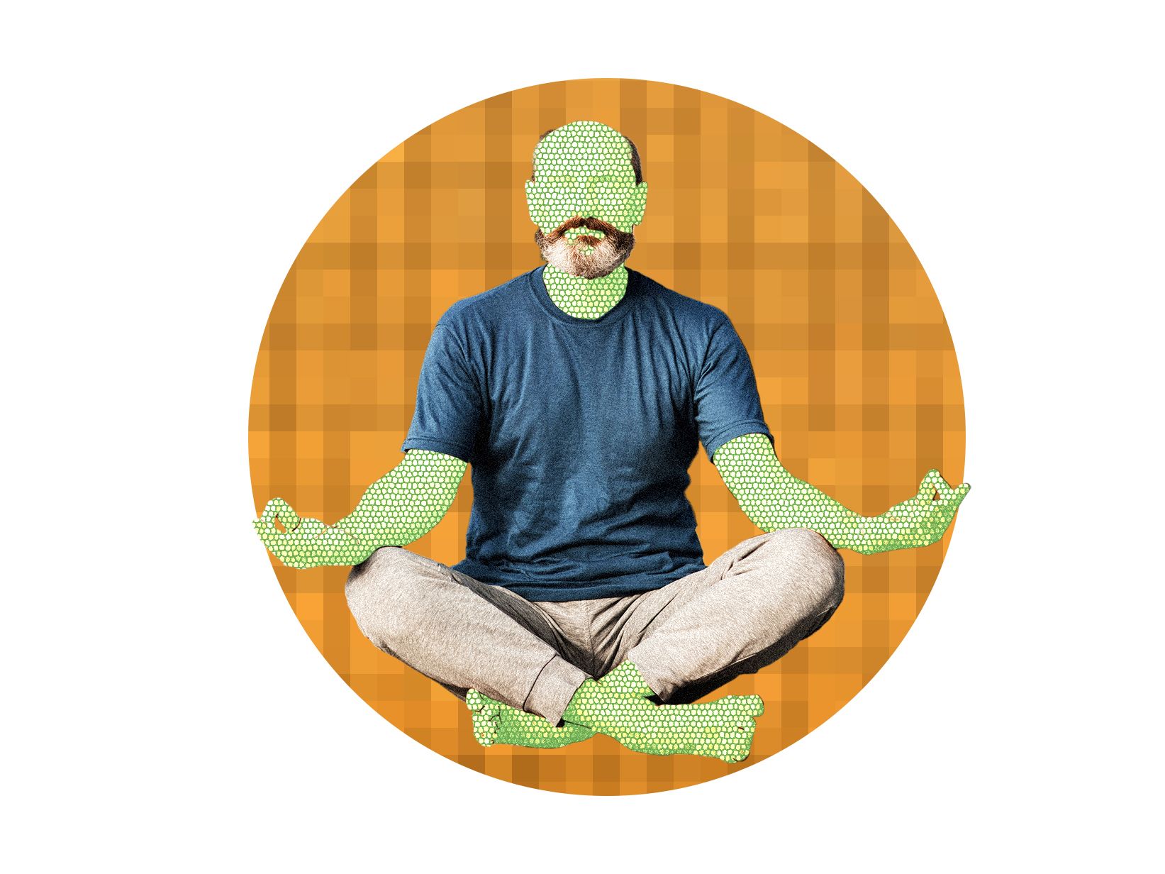 An illustration of a man depicted as an AI meditating.