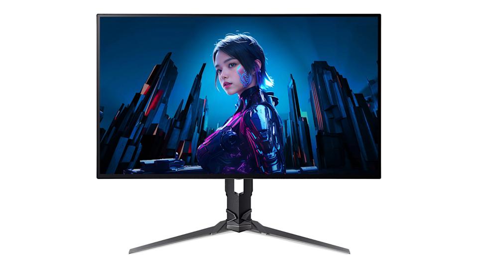 A large Acer gaming monitor with the illustration of a robot woman on it.