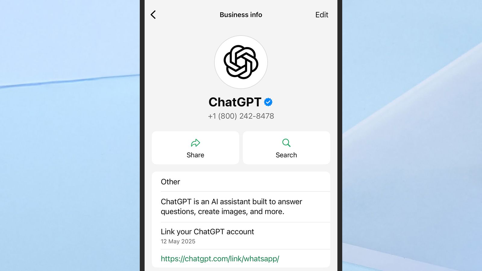 ChatGPT appears as a normal contact in WhatsApp.