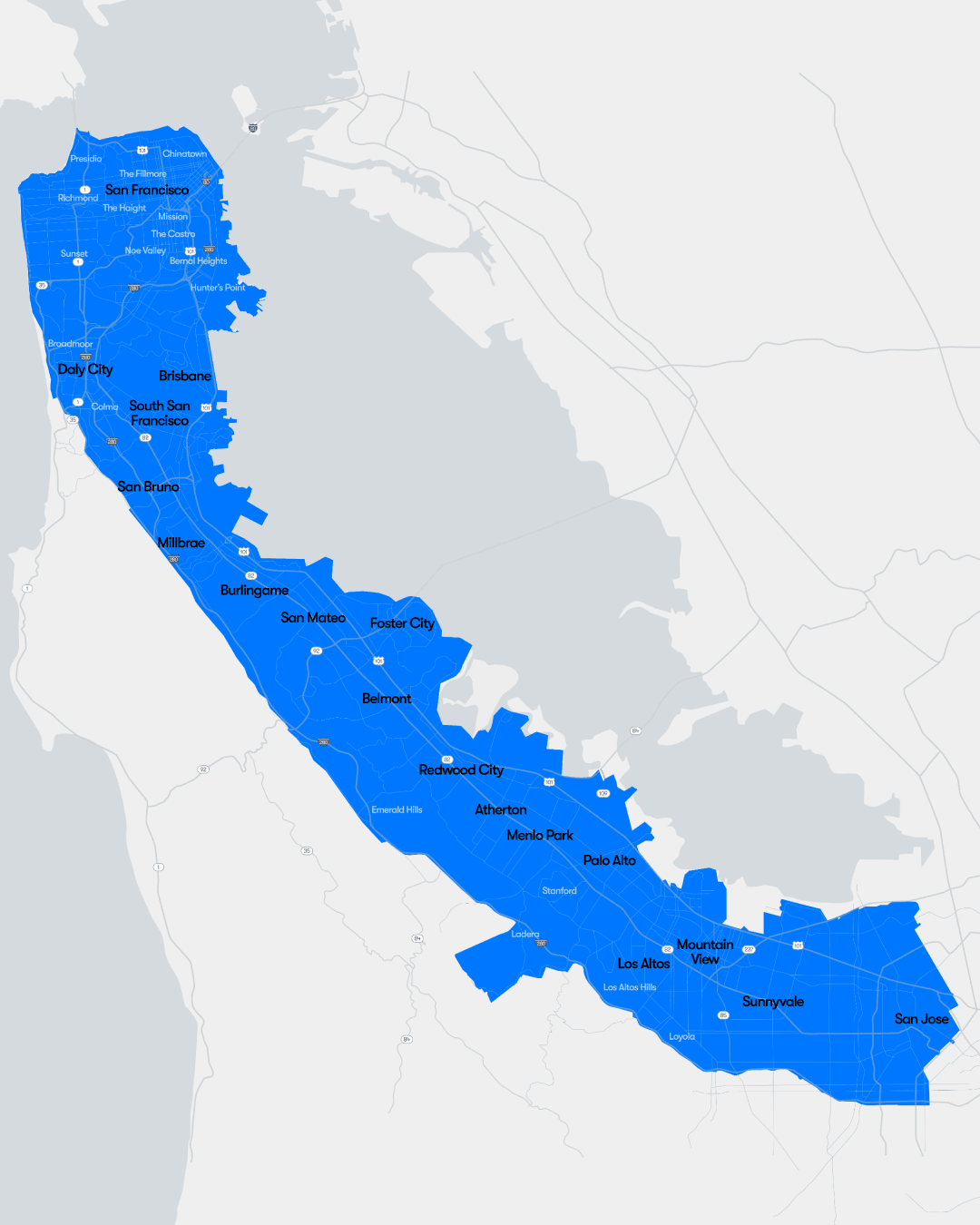 The new service area in blue in the San Francisco Bay Area.