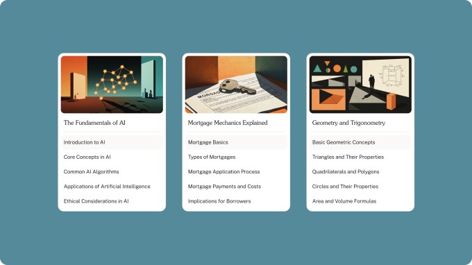 Image describing screenshots of Oboe's new chapter focused learning course generation.