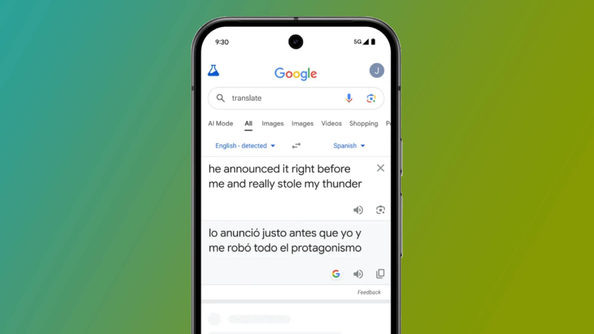 Google Translate translating an idiom in the app